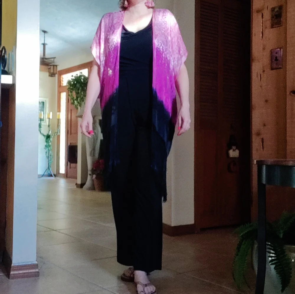Pink silk hand dyed ombre burnout fringed kimono Boho-chic hippie - Picture 2 of 8